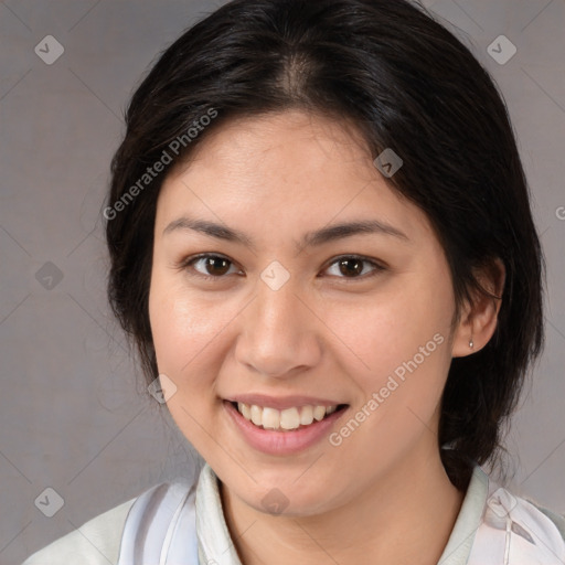 Joyful white young-adult female with medium  brown hair and brown eyes