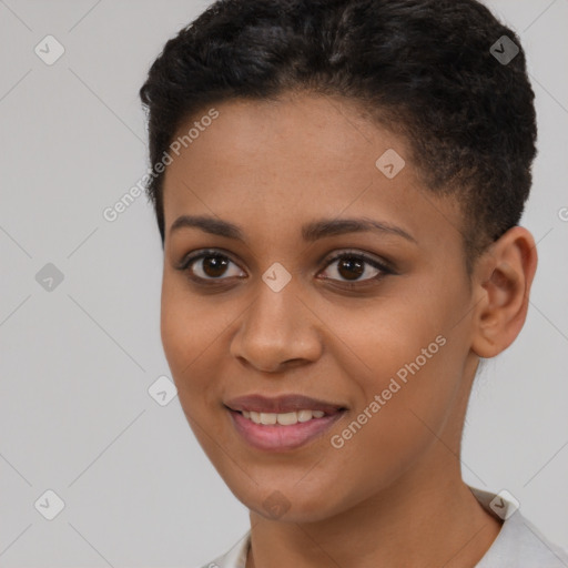 Joyful latino young-adult female with short  brown hair and brown eyes