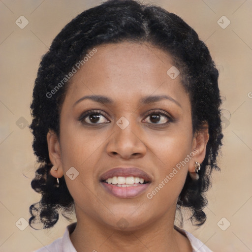 Joyful latino young-adult female with medium  black hair and brown eyes