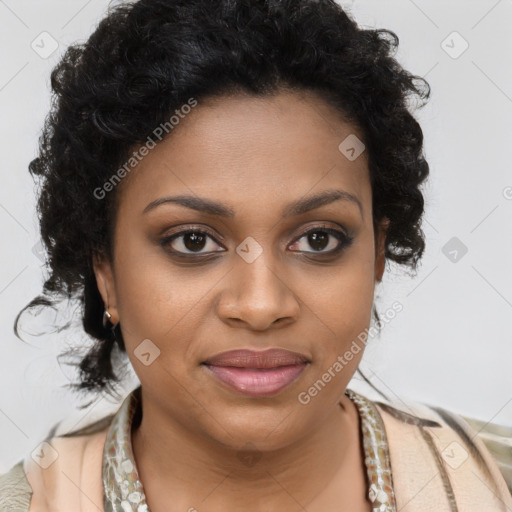 Joyful black young-adult female with long  brown hair and brown eyes