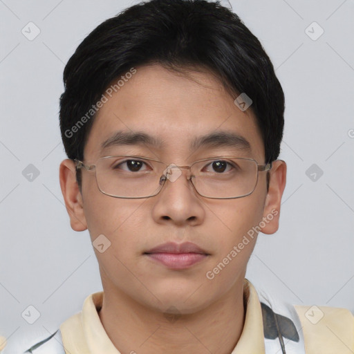 Neutral asian young-adult male with short  brown hair and brown eyes