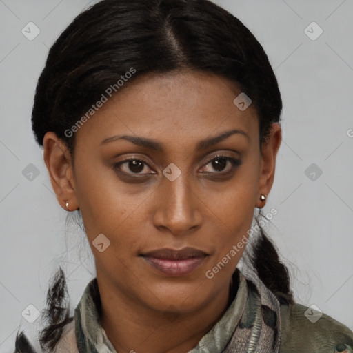 Joyful latino young-adult female with medium  brown hair and brown eyes