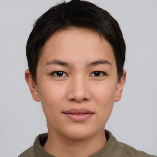 Joyful asian young-adult female with short  brown hair and brown eyes