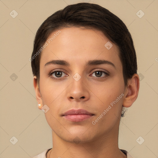 Neutral white young-adult female with short  brown hair and brown eyes