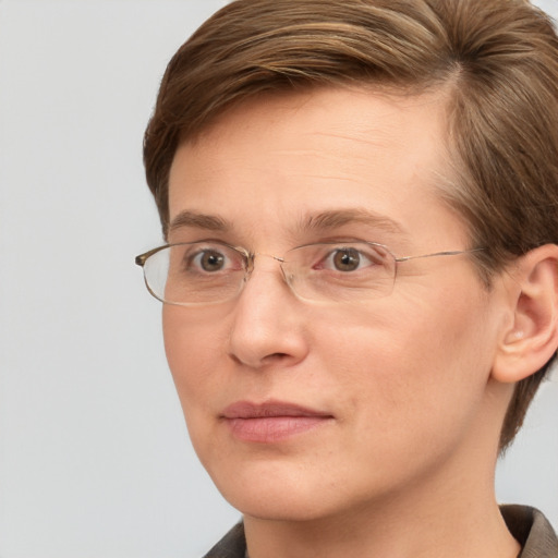 Joyful white adult female with short  brown hair and grey eyes