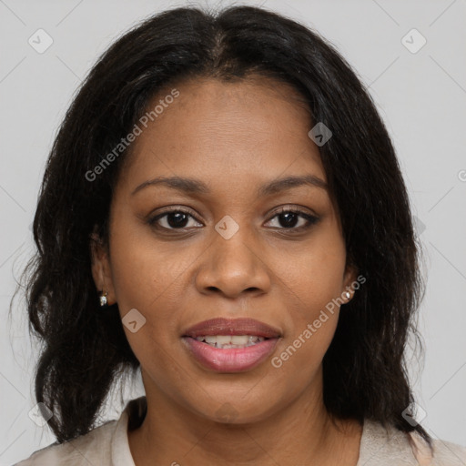 Joyful black young-adult female with medium  brown hair and brown eyes