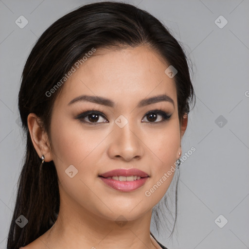 Joyful white young-adult female with medium  brown hair and brown eyes