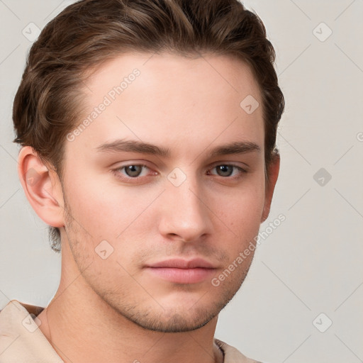 Neutral white young-adult male with short  brown hair and grey eyes