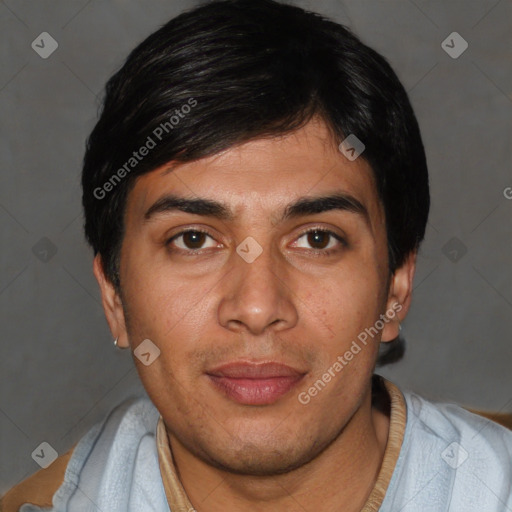 Joyful white young-adult male with short  black hair and brown eyes