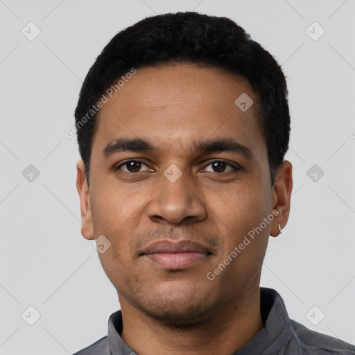 Neutral latino young-adult male with short  black hair and brown eyes