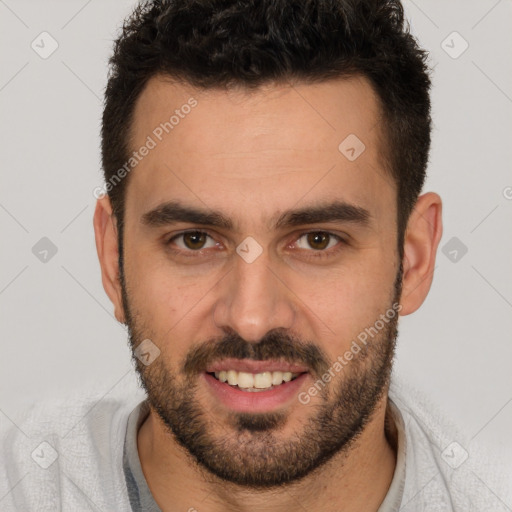 Joyful white young-adult male with short  brown hair and brown eyes