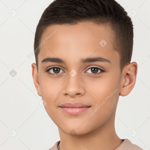 Joyful white child female with short  brown hair and brown eyes