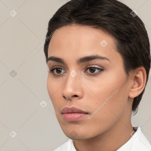 Neutral white young-adult female with short  brown hair and brown eyes