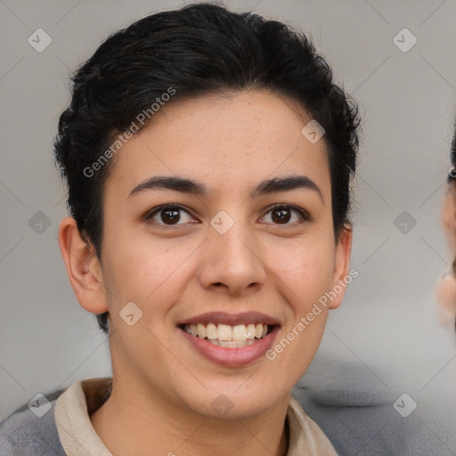 Joyful latino young-adult female with short  brown hair and brown eyes