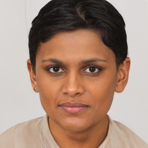 Neutral latino young-adult female with short  brown hair and brown eyes