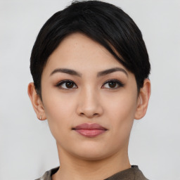 Joyful asian young-adult female with short  black hair and brown eyes