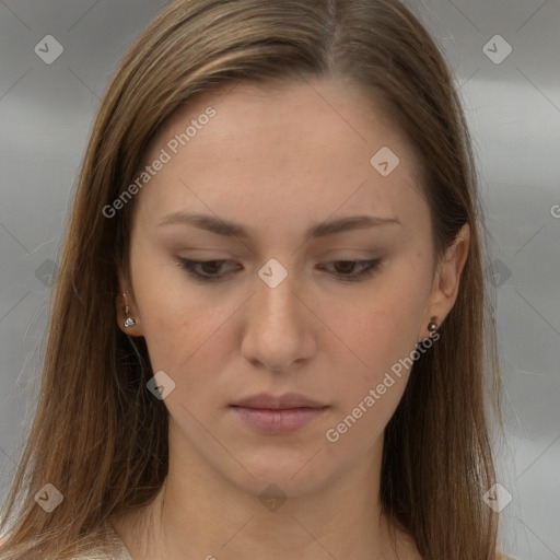 Neutral white young-adult female with long  brown hair and brown eyes