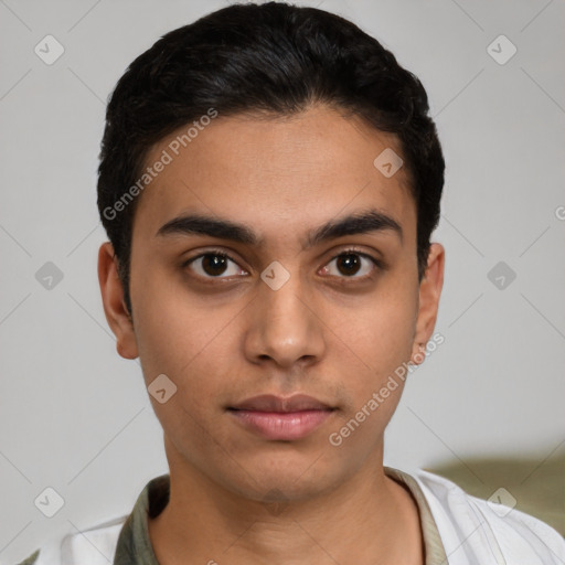 Neutral latino young-adult male with short  black hair and brown eyes