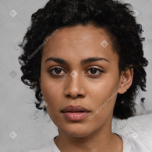 Joyful latino young-adult female with medium  black hair and brown eyes