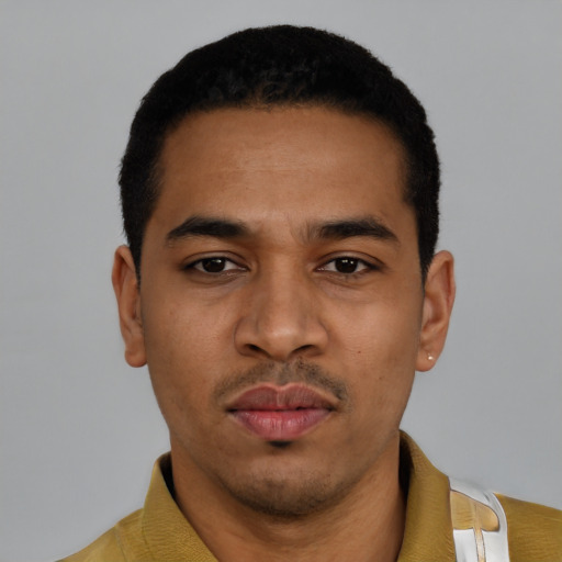 Neutral latino young-adult male with short  black hair and brown eyes