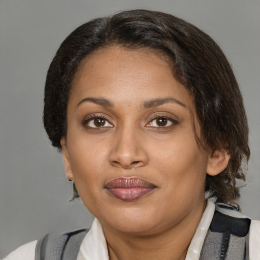 Joyful latino adult female with medium  brown hair and brown eyes