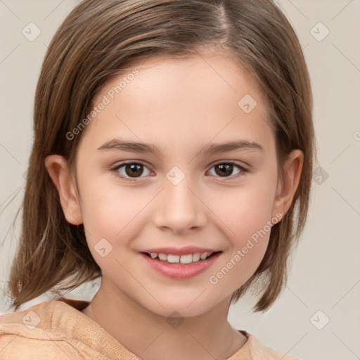 Joyful white child female with medium  brown hair and brown eyes