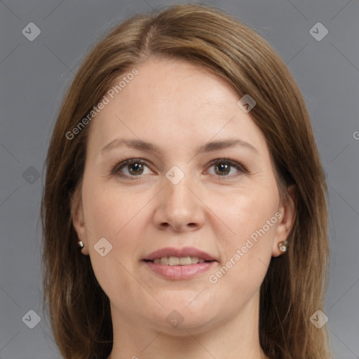 Joyful white adult female with medium  brown hair and grey eyes