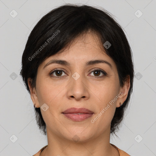 Joyful white adult female with medium  brown hair and brown eyes