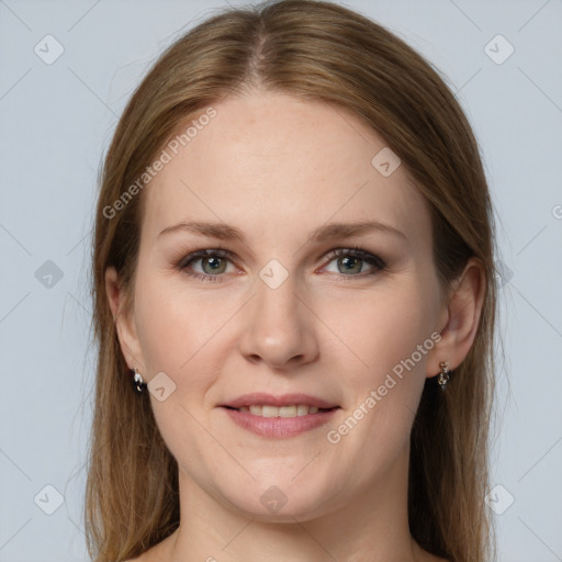 Joyful white young-adult female with long  brown hair and grey eyes