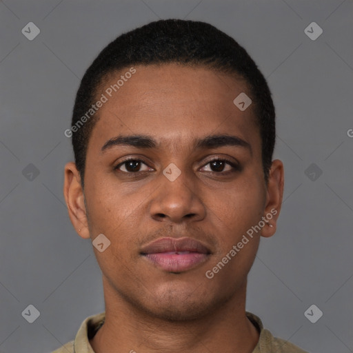 Neutral latino young-adult male with short  brown hair and brown eyes