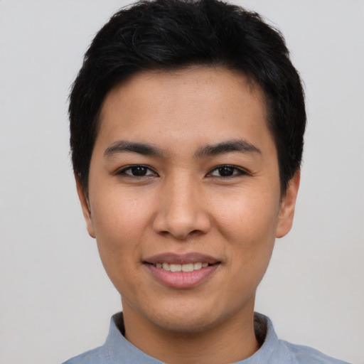 Joyful asian young-adult male with short  black hair and brown eyes