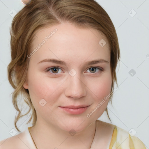 Joyful white young-adult female with medium  brown hair and blue eyes