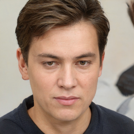 Neutral white young-adult male with short  brown hair and grey eyes