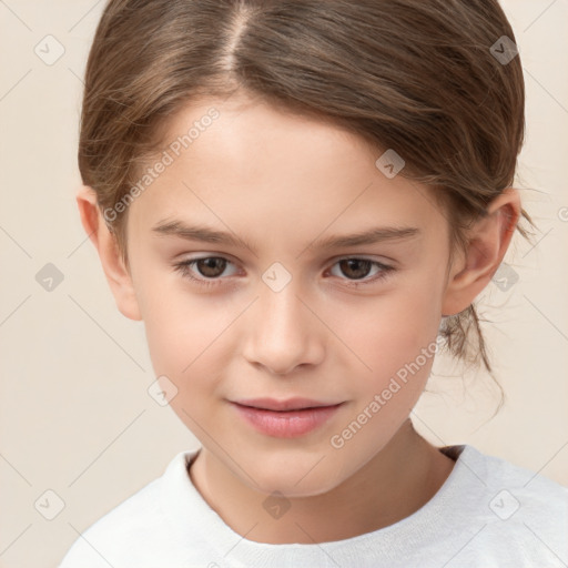 Joyful white child female with short  brown hair and brown eyes