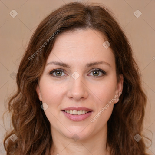 Joyful white young-adult female with medium  brown hair and green eyes