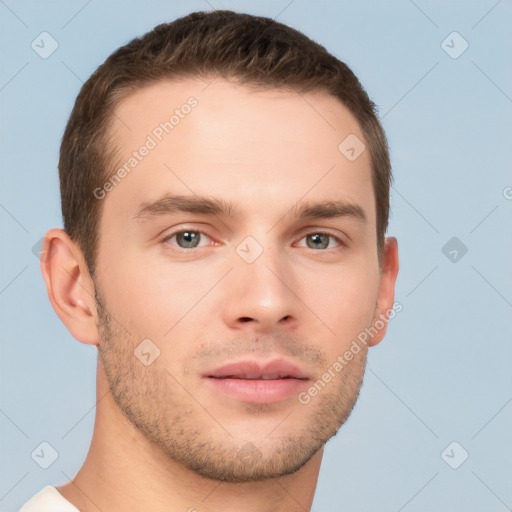 Neutral white young-adult male with short  brown hair and brown eyes