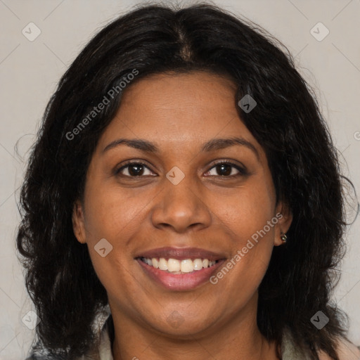 Joyful black young-adult female with medium  brown hair and brown eyes