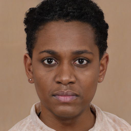 Neutral black young-adult female with short  black hair and brown eyes