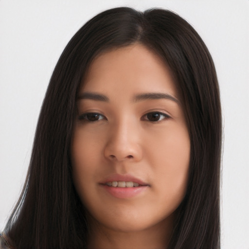 Neutral asian young-adult female with long  brown hair and brown eyes