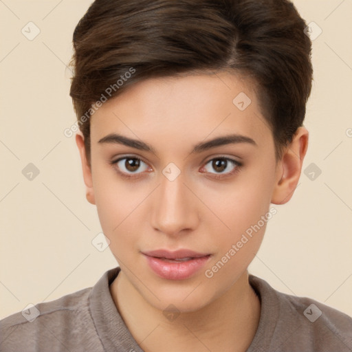 Neutral white young-adult female with short  brown hair and brown eyes