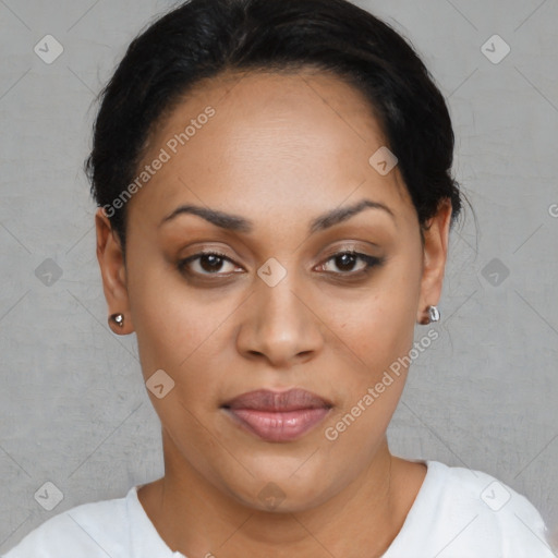 Joyful latino young-adult female with short  brown hair and brown eyes