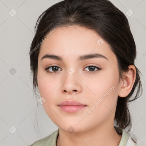 Neutral white young-adult female with medium  brown hair and brown eyes