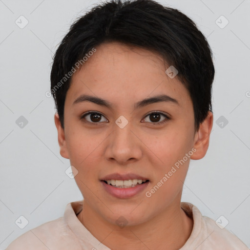 Joyful white young-adult female with short  brown hair and brown eyes