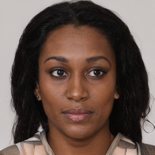 Neutral latino young-adult female with medium  black hair and brown eyes