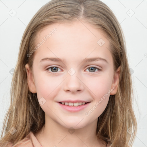 Joyful white child female with long  brown hair and grey eyes