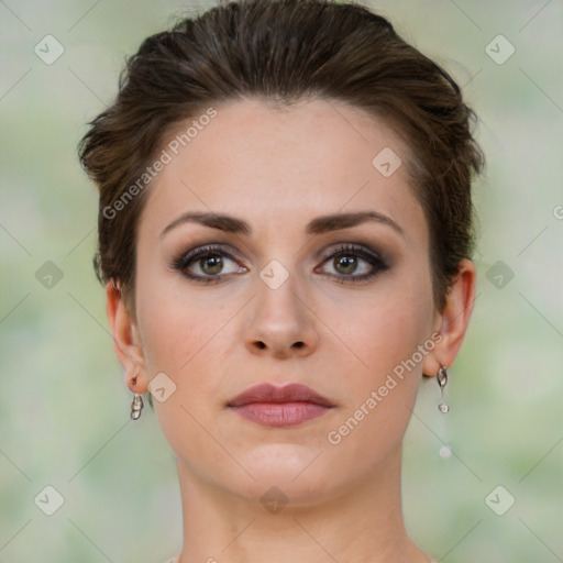 Neutral white young-adult female with short  brown hair and brown eyes