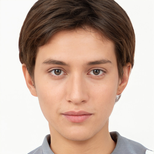 Neutral white young-adult male with short  brown hair and brown eyes