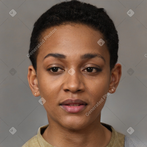 Joyful black young-adult female with short  brown hair and brown eyes