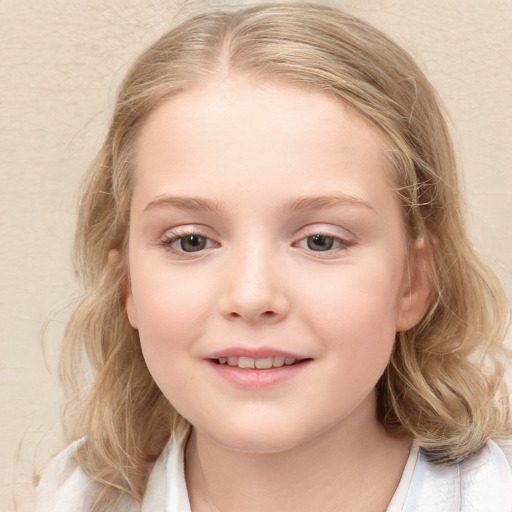 Joyful white child female with medium  brown hair and blue eyes