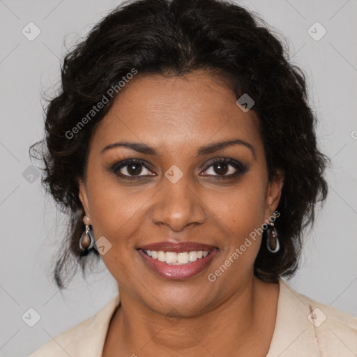 Joyful black adult female with medium  brown hair and brown eyes